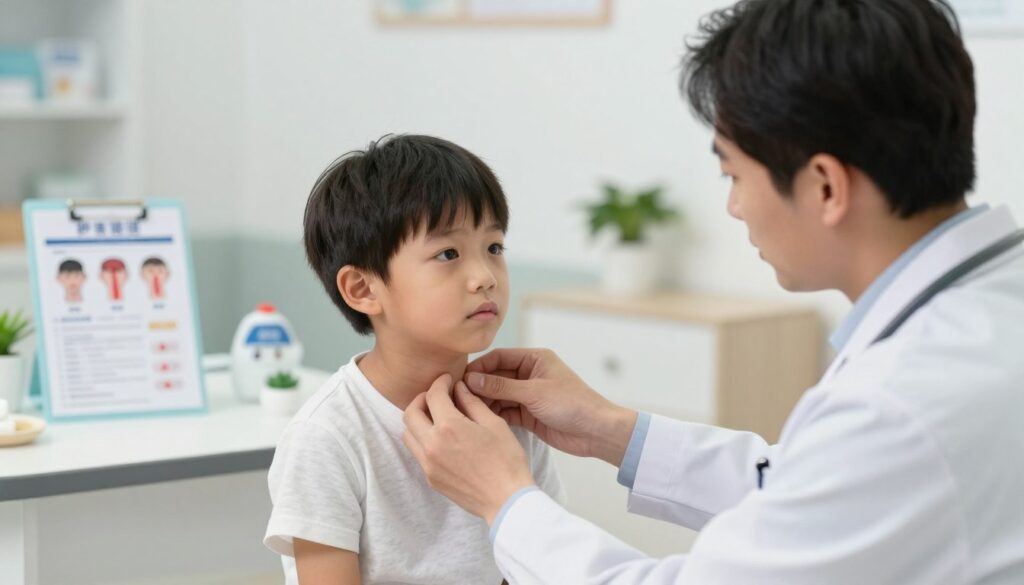 A concerned pediatrician examining a young child in a modern clinic setting, focusing on symptoms of hypothyroidism. In the foreground, the doctor is gently looking at the child's neck area, examining for swelling and signs of goiter, while the child, wearing a modest shirt, appears slightly fatigued and withdrawn, reflecting the effects of low energy. In the middle ground, a well-organized examination table with health charts and thyroid-related educational materials is visible. The background features a bright and welcoming pediatric office, with soft lighting creating a warm and informative atmosphere. The scene captures a moment of care and attention, emphasizing the significance of recognizing health symptoms in children. No text or additional overlays included.