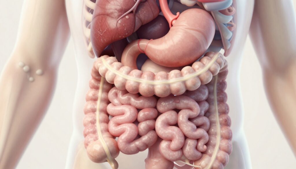 A detailed anatomical illustration of the human digestive system, highlighting the intestines (jelit) with a focus on the areas affected by nonspecific intestinal inflammation. In the foreground, exhibit a close-up of the intestines displaying a healthy texture alongside inflamed sections, emphasizing the contrasting coloration and texture. In the middle ground, include accurate depictions of the surrounding organs, like the stomach and colon, finished in a semi-realistic style. The background should be softly blurred to emphasize the intestines, with a neutral, soft lighting effect to highlight details without harsh shadows. Create an informative and clinical atmosphere suitable for a medical article, maintaining a clean, professional look without any distractions or extraneous elements.