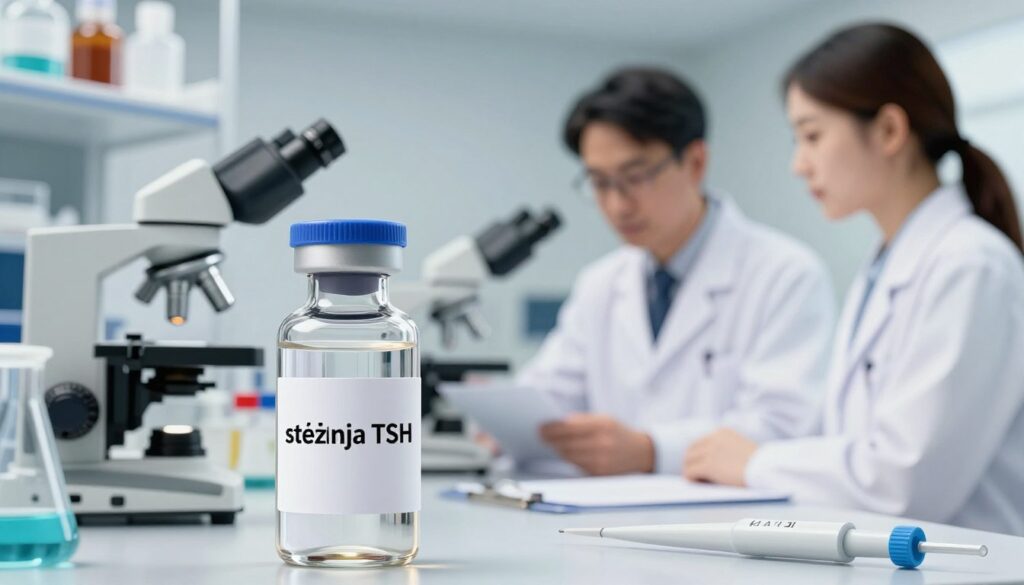 A detailed and informative illustration depicting "stężenia TSH" in a clinical laboratory setting. In the foreground, focus on a clear, well-lit glass vial marked with a label indicating thyroid-stimulating hormone (TSH) levels, surrounded by lab equipment such as a microscope and pipettes. In the middle ground, display a scientist in a white lab coat, focused and discussing results with a colleague, both wearing professional attire. In the background, a high-tech laboratory with shelves of reference materials, test tubes, and an electron microscope is visible, conveying an atmosphere of scientific rigor. Soft, natural lighting enhances the clarity of the scene, while a slightly blurred background adds depth, emphasizing the importance of accurate TSH measurement in healthcare.