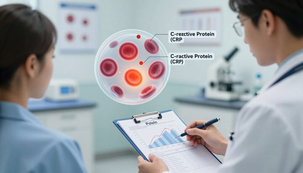 A detailed and informative illustration depicting the causes of elevated protein levels in the blood. In the foreground, a professional healthcare setting with a doctor in a white coat examining patient lab results, showing elevated protein graphs on a clipboard. In the middle, a clear, labeled illustration of blood cells and proteins, possibly highlighting C-reactive protein (CRP) with emphasis on inflammation. The background features a clinical environment with charts and medical equipment, soft lighting to create a calm and professional atmosphere. The image should be visually engaging and educational, capturing the complexity of blood protein levels in a clear and informative way.