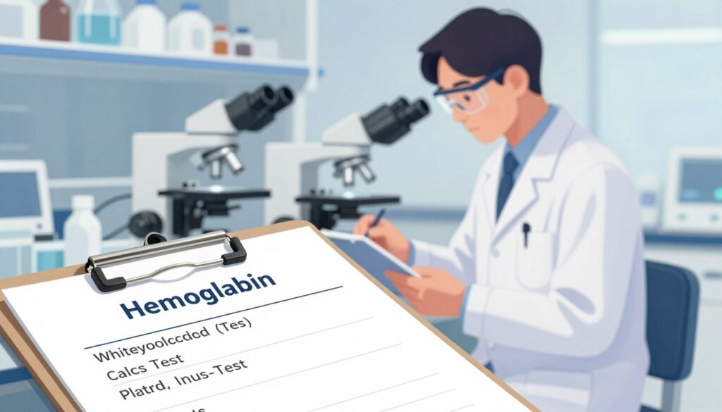 A detailed and informative illustration showcasing various hematological parameters. In the foreground, include a close-up of labeled blood test results, highlighting values like hemoglobin, white blood cell count, and platelets on a clipboard. In the middle ground, depict a healthcare professional, dressed in a white lab coat and safety glasses, analyzing the results under bright, clinical lighting. In the background, a modern laboratory setting with equipment like microscopes and centrifuges. Soft blue and white hues create a calm, professional atmosphere, suggesting precision and reliability in health diagnostics. The composition conveys the importance of hematological parameters for patient health understanding without any direct references to the article.