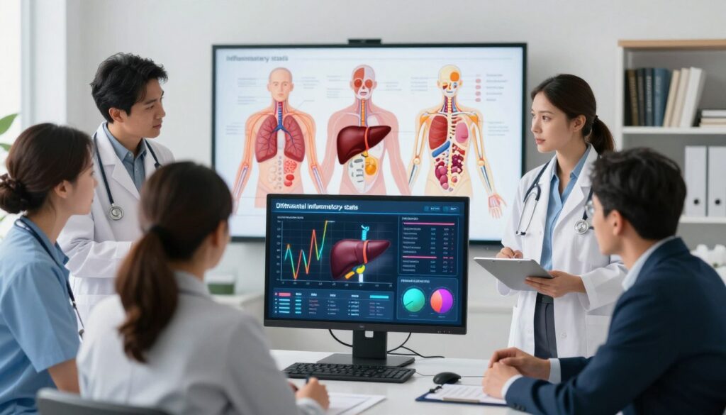 A detailed and informative medical illustration depicting differential diagnosis of inflammatory states. In the foreground, a diverse group of healthcare professionals in smart business attire, discussing a patient case around a modern, interactive digital display showcasing various inflammatory markers like CRP (C-reactive protein) on vibrant graphs. In the middle ground, anatomical illustrations of human organs affected by inflammation, such as lungs, liver, and joints, elegantly arranged. The background features a clean, well-lit medical office with charts and medical books, conveying a professional atmosphere. Soft, natural lighting enhances clarity and focus, while a slight depth of field blurs the background, drawing attention to the professionals and the display. The overall mood is one of collaboration, urgency, and clinical precision.