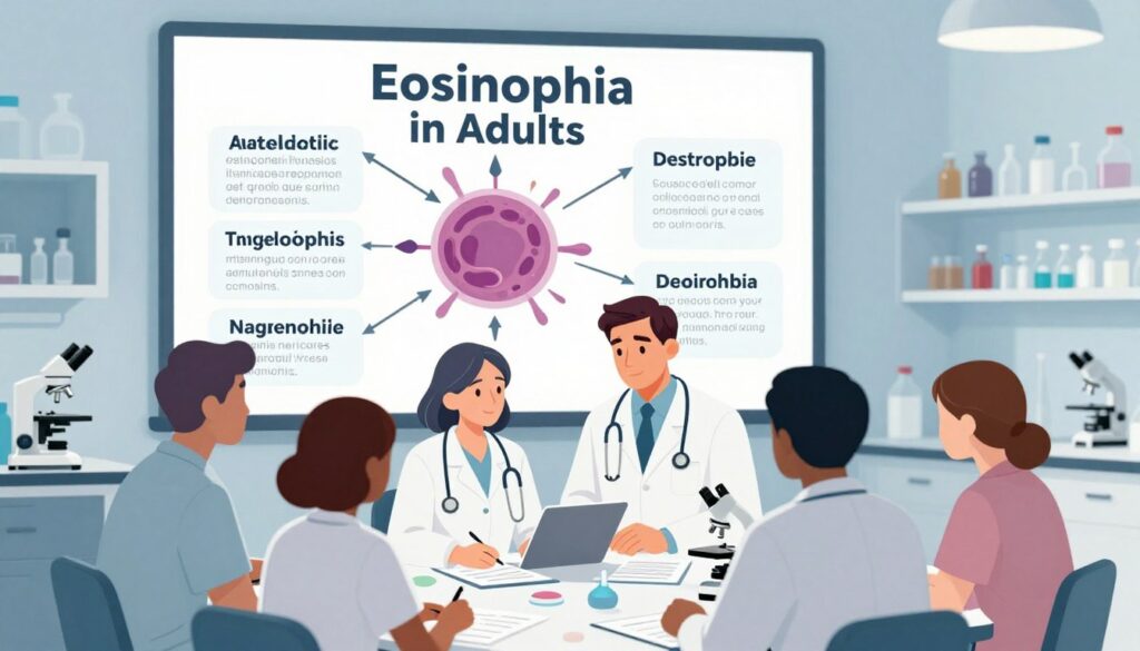 A detailed and informative medical illustration depicting the common causes of eosinophilia in adults and children. In the foreground, illustrate a diverse group of healthcare professionals in professional attire discussing patient symptoms, surrounded by medical charts and a microscope. In the middle ground, visualize a large chart displaying various causes of eosinophilia, including allergic reactions, parasites, and autoimmune diseases, with arrows connecting the causes to a stylized depiction of eosinophils. In the background, include a well-organized laboratory setting with soft lighting, emphasizing a sense of research and investigation. The overall mood should be calm and focused, inspiring trust in medical knowledge and diagnosis. Emphasize clarity and professionalism in the composition, avoiding any distractions.