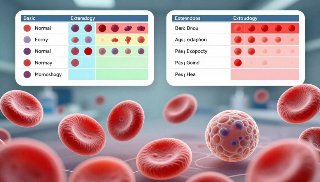 A detailed and informative scientific illustration depicting the differences in blood morphology, focusing on aspects of both basic and extended blood tests. The foreground features vibrant, labeled diagrams of red blood cells, white blood cells, and platelets, showcasing variations in size, shape, and structure. In the middle, include a clear, comparative chart illustrating normal versus abnormal morphologies, with color-coded sections for easy understanding. The background should be a subtle gradient representing a clinical laboratory setting, softly lit to evoke a professional atmosphere. Use a macro lens effect to emphasize the blood cell details, creating a focus on the intricacies of hematology, enhancing the educational mood of the image.