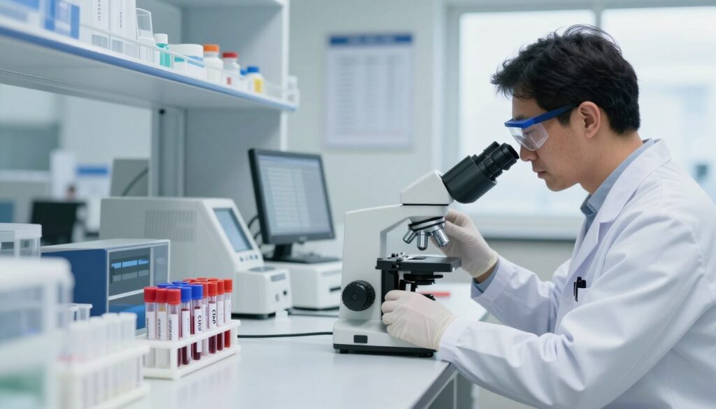 A detailed and informative visual representation of low CRP levels in a healthcare setting. In the foreground, a modern laboratory environment showcases a meticulous lab technician, dressed in a professional lab coat and safety goggles, examining a sample vial labeled "CRP" under a microscope. The middle ground features a sleek laboratory counter organized with various blood sample tubes and diagnostic equipment, reflecting a sense of order and precision. In the background, a softly lit, clean room with medical charts and a digital display showing test results enhances the scientific atmosphere. The lighting is bright but softened to create a welcoming and professional mood, evoking a sense of thorough research and attention to detail in the field of health assessments.