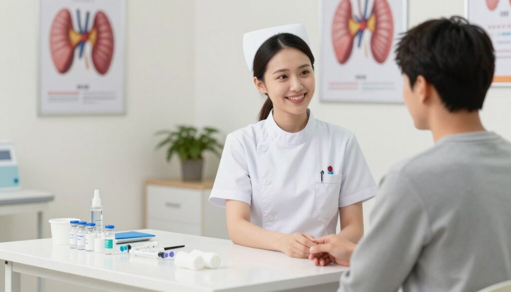 A detailed and organized scene depicting a serene medical setting for a TSH blood test preparation. In the foreground, a sterile white table holds a variety of medical supplies such as vials, syringes, and cotton balls, arranged neatly. In the middle ground, a confident, professionally dressed nurse stands beside the table, smiling warmly at a seated patient, who appears calm and ready for the procedure. The background features soft lighting and soothing colors, emphasizing cleanliness and tranquility, with abstract medical posters on the walls showcasing thyroid health. The overall mood conveys a sense of professionalism, care, and reassurance, inviting viewers into the world of routine health checks.