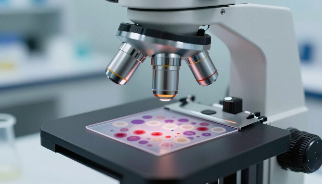 A detailed blood smear sample viewed under a microscope, showcasing various blood cells in vibrant colors. In the foreground, an intricately detailed microscope slide displaying a well-prepared blood smear, highlighting red and white blood cells, and platelets in sharp focus. In the middle ground, a high-end microscope, with its lens directed towards the slide, revealing clarity and depth. The background features a softly blurred laboratory setting with shelves of medical equipment, providing context. Soft, diffused lighting emphasizes the colors of the blood cells, creating a scientific and clinical atmosphere. The image conveys a sense of precision and accuracy, ideal for illustrating the interpretation of automatic blood smear results.