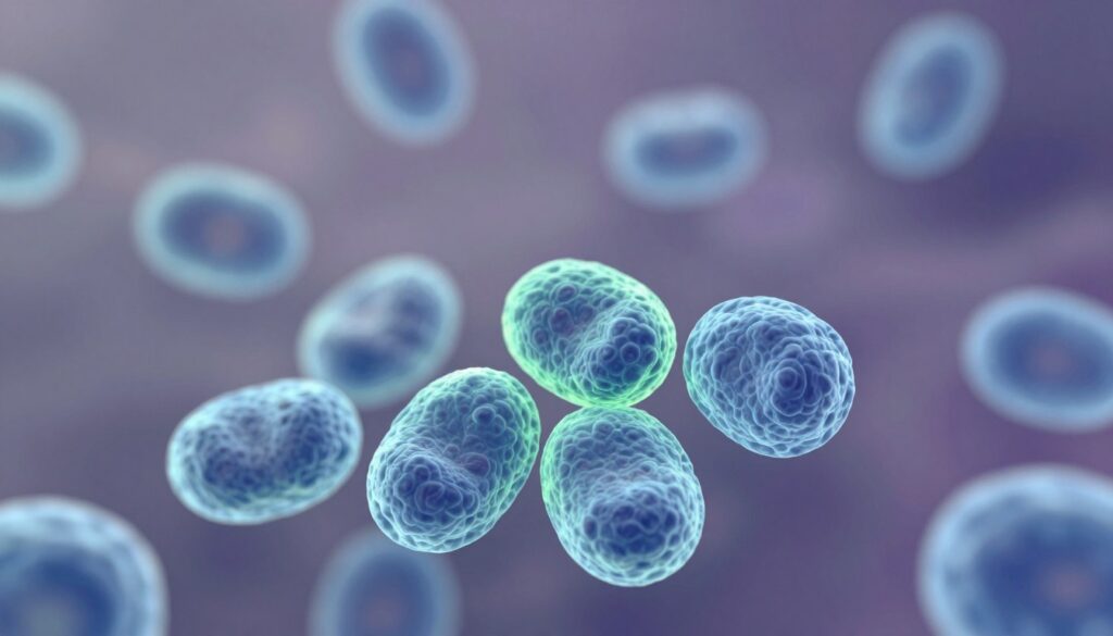 A detailed, close-up illustration of lymphocytes, showcasing their unique shapes and textures. The foreground features a cluster of vivid, rounded lymphocytes, highlighted with soft blue and green fluorescent glows to emphasize their biological structure. The middle ground includes a gentle wash of abstract, blurred cell structures to provide context without distraction, while the background fades into a soft gradient of muted purple and gray, creating a scientific atmosphere. The scene is illuminated by soft, diffused lighting that enhances the cellular details and gives a sense of depth. The overall mood conveys a sense of intrigue and seriousness, suitable for a clinical examination of immune cells. No text or watermarks present in the image.