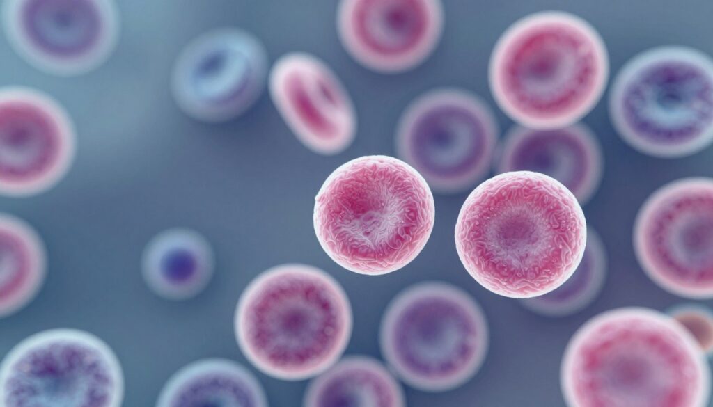 A detailed close-up view of blood platelets (thrombocytes) under a microscope, showcasing various sizes and shapes to illustrate the concept of anisocytosis. The platelets should be depicted in a translucent, vibrant color palette with shades of pink, purple, and blue, emphasizing their spherical and disc-like forms. In the foreground, focus on the crystallized texture of larger platelets, while smaller platelets scatter throughout the middle ground, creating a sense of depth. The background should feature blurred cell structures to enhance the microscopic setting. Soft, diffused lighting casts gentle shadows, evoking a clinical yet educational atmosphere. The image should be sharp and clear, with attention to intricate details of the platelets, making it ideal for an informative medical context.