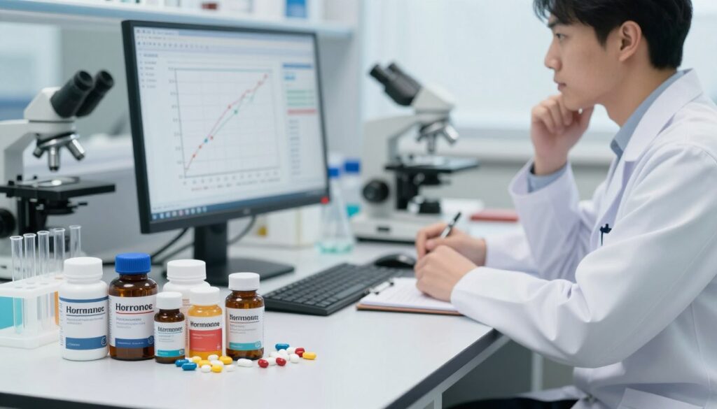 A detailed depiction of a scientific investigation into the effects of medications on thyroid hormone levels. In the foreground, display an array of medication bottles and supplements, including capsules and tablets, arranged neatly on a white laboratory countertop. In the midground, illustrate a thoughtful medical professional in a lab coat, looking at a computer screen displaying graphs of hormone levels, while taking notes. The background should include laboratory equipment like test tubes and a microscope, softly blurred to emphasize the foreground. Use bright, natural lighting to create a clean and clinical atmosphere, and maintain a focus on professionalism and research in this medically inspired scene.