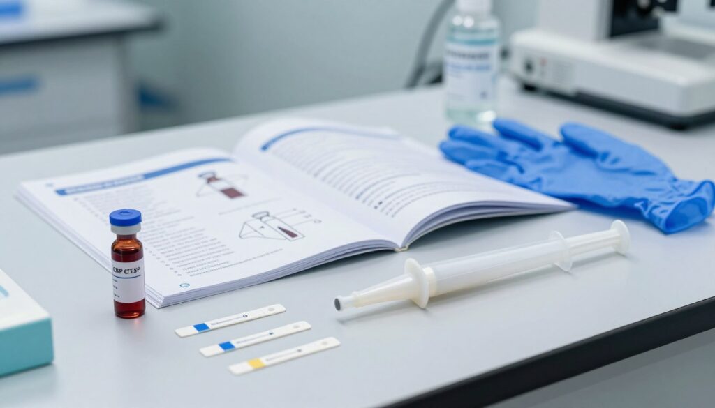 A detailed diagnostic test kit laid out on a clean, sterile surface. In the foreground, focus on the components of the kit: a small vial of blood collection device, several individual test strips for CRP testing, and a plastic pipette. The middle ground features an instruction manual opened to a page with clear diagrams, along with a pair of gloves and an alcohol swab. The background shows a softly blurred laboratory setting, with medical equipment subtly visible, creating an air of professionalism. The lighting is bright and clinical, emphasizing cleanliness and precision. Capture the atmosphere of a reliable medical environment, ensuring the scene conveys trust and accuracy without any human presence.