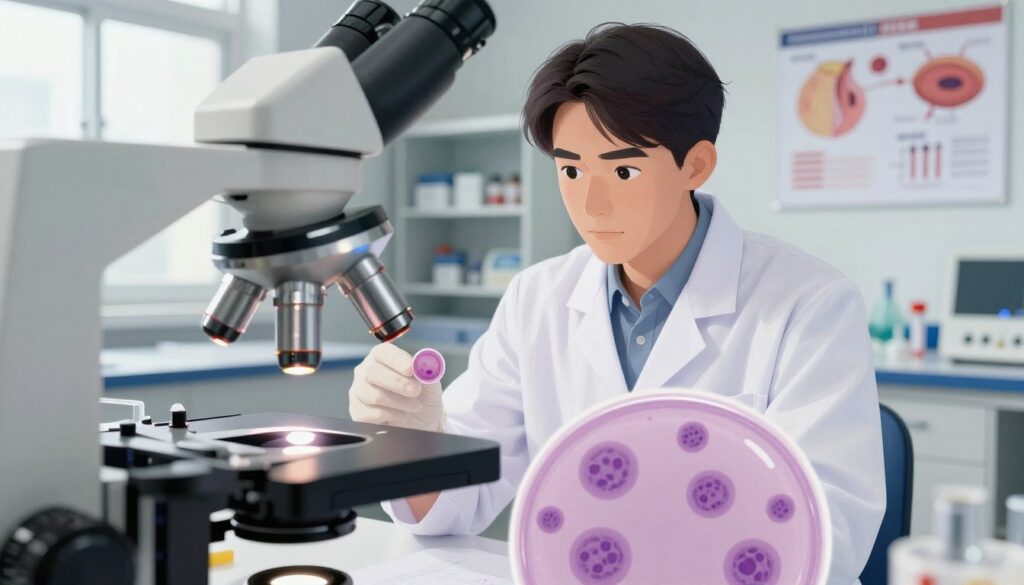 A detailed, educational illustration focused on neutropenia, showcasing a blood sample under a microscope. In the foreground, a high-resolution microscope lens captures the blood smear, revealing neutrophils characterized by their distinct multi-lobed nuclei, highlighting a low count indicative of neutropenia. The middle layer features a scientist in a lab coat analyzing the sample, their expression thoughtful and focused, illuminated by soft, natural lighting from a nearby window. In the background, shelves filled with laboratory equipment and scientific posters about blood morphology create a clinical atmosphere. The mood is informative and serious, emphasizing the importance of understanding neutrophil levels in blood tests.