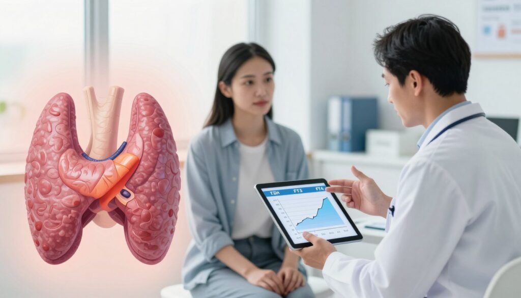 A detailed illustration depicting hyperthyroidism, focused on the thyroid gland. In the foreground, a large, anatomically correct illustration of the thyroid gland, highlighted with vibrant colors to show its increased activity. In the middle ground, a patient calmly sitting with a healthcare professional, both wearing professional medical attire. The healthcare professional is gesturing towards a digital tablet displaying thyroid hormone levels (TSH, FT3, FT4) with clear graphs. In the background, a softly lit, modern medical office environment with a large window allowing natural light to filter in, enhancing the atmosphere of a professional healthcare setting. The mood is informative and supportive, aiming to convey the importance of understanding thyroid function and interpreting test results.