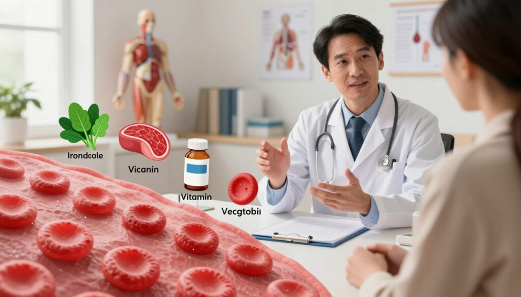 A detailed illustration depicting the causes of low hemoglobin levels. In the foreground, display a diagram showing red blood cells with varying levels of hemoglobin saturation. In the middle ground, include visual elements representing common causes such as iron-rich foods (like spinach and red meat), vitamin supplements, and a person in professional attire (a doctor) discussing these causes with a patient in a clinic setting. The background should consist of a softly lit medical office with anatomical models of the human body and charts related to blood health. Ensure the atmosphere is educational and informative, with warm lighting to evoke a sense of care and attention to health. The angle should be slightly above eye level for a clear perspective. A detailed illustration depicting the causes of low hemoglobin levels. In the foreground, display a diagram showing red blood cells with varying levels of hemoglobin saturation. In the middle ground, include visual elements representing common causes such as iron-rich foods (like spinach and red meat), vitamin supplements, and a person in professional attire (a doctor) discussing these causes with a patient in a clinic setting. The background should consist of a softly lit medical office with anatomical models of the human body and charts related to blood health. Ensure the atmosphere is educational and informative, with warm lighting to evoke a sense of care and attention to health. The angle should be slightly above eye level for a clear perspective.