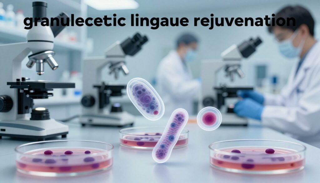 A detailed illustration depicting the phenomenon of "granulocyte lineage rejuvenation" in a medical context. In the foreground, emphasize a digital illustration of immature granulocytes with varying degrees of transparency, showcasing their cellular structures in a scientific manner. The middle ground should feature a laboratory setting, including scientific equipment such as microscopes and petri dishes filled with stained blood samples. Soft, diffused lighting illuminates the laboratory, creating a sterile yet informative atmosphere. In the background, blurred images of lab technicians in professional attire engage in analysis, further contextualizing the importance of low immature granulocyte counts. The overall mood is focused and educational, conveying the significance of understanding granulocyte development pathways in a clinical setting.
