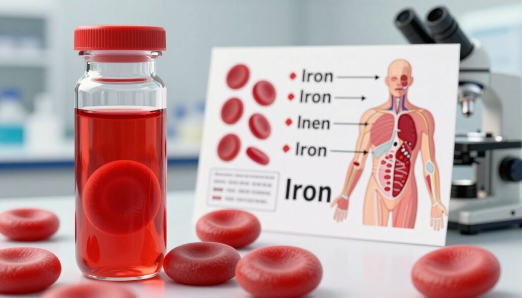 A detailed illustration focused on red blood cell indices related to iron metabolism. In the foreground, depict a glass vial filled with bright red blood, showcasing vibrant red blood cells under a microscope view, emphasizing their unique biconcave shape. In the middle ground, include a stylishly arranged anatomical diagram illustrating the relationship between red blood cells and iron, with arrows indicating iron transport in the body. The background should feature soft, blurred laboratory shelves with scientific instruments, giving a clinical atmosphere. Utilize soft, natural lighting to create a serene and professional mood, highlighting the transparency of the blood sample. Capture this scene at a slight angle to add depth and engagement without textual distractions.