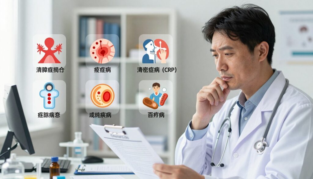 A detailed illustration focusing on the causes of elevated C-reactive protein (CRP) levels in a clinical context. In the foreground, a healthcare professional, dressed in professional attire with a thoughtful expression, examines a chart displaying CRP levels. In the middle ground, a variety of visual representations of potential causes, such as inflammation, infection, and chronic diseases, are depicted through medical icons and diagrams. The background features a softly lit clinical environment, with shelves stocked with medical books and equipment. The atmosphere is informative and serious, conveying the importance of understanding CRP levels in medical diagnostics. Use natural lighting with a soft focus on the foreground to enhance the depth and clarity of the scene.