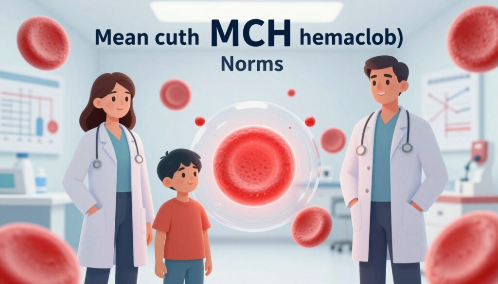 A detailed illustration of MCH (mean corpuscular hemoglobin) norms for children and adults, showcasing a dual composition. In the foreground, depict two human figures: one adult and one child, both dressed in professional and casual attire, respectively, standing confidently side by side. The middle ground features a stylized, transparent representation of red blood cells, highlighting the hemoglobin within them, casting a soft glow to emphasize their importance. In the background, a medical or educational setting with subtle charts and graphs illustrating MCH values can be seen. The lighting is bright and clinical, with soft shadows to create depth. The atmosphere is informative yet approachable, suitable for educational content, conveying the significance of MCH in hematology.