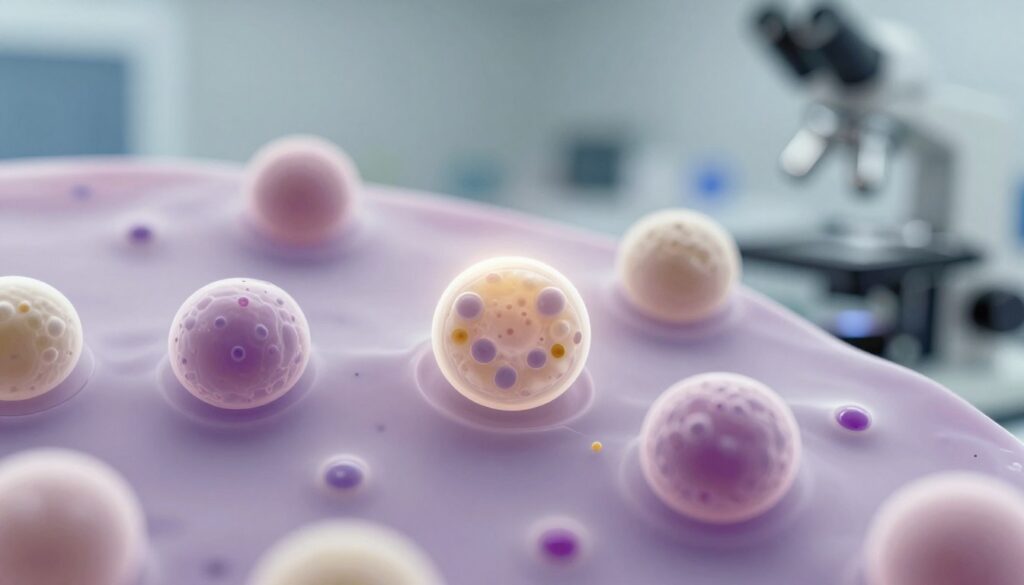 A detailed illustration of a blood smear under a microscope, showcasing a variety of white blood cells. In the foreground, highlight several immature granulocytes prominently, displaying their distinctive characteristics such as a lobed nucleus and fine granules. The middle ground should feature a mix of mature white blood cells, such as neutrophils and lymphocytes, to provide contrast. In the background, a blurred laboratory setting with subtle hints of lab equipment and a microscope, creating a scientific atmosphere. The lighting should be soft and even, emulating an illuminated slide with a slight halo effect around the cells, evoking a sense of precision and professionalism in hematological analysis.