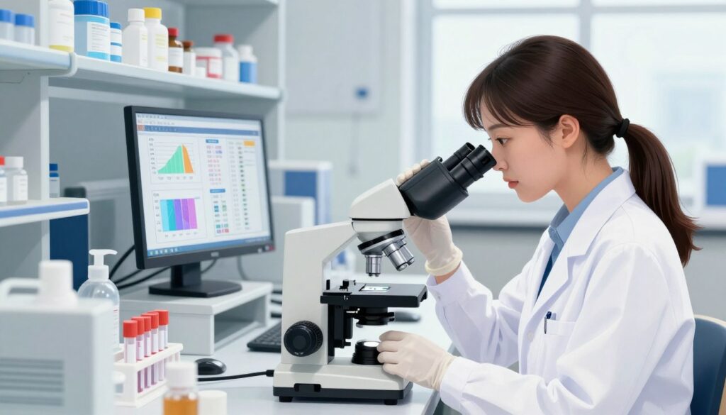 A detailed illustration of a laboratory setting, focusing on the analysis of lymphocyte levels in a clinical environment. In the foreground, a professional female scientist in a white lab coat, with protective gloves, is examining a microscope slide under a microscope, showcasing cells with distinct features of lymphocytes. In the middle ground, a laboratory table is cluttered with medical equipment, test tubes, and a digital monitor displaying lymphocyte levels and histograms. The background features shelves stocked with biomedical supplies and a window allowing soft, natural light to filter in, creating a sterile yet inspiring atmosphere. The overall mood is serious and informative, conveying the importance of lymphocyte levels in immune health, with a clean, organized composition.