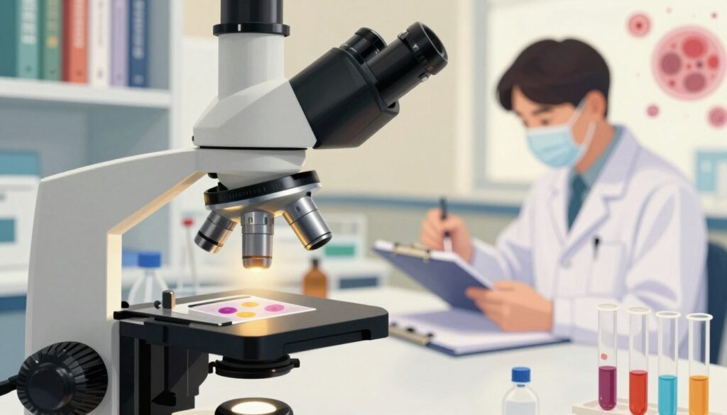 A detailed illustration of blood morphology deviations, focusing on a laboratory setting. In the foreground, a microscope with a blood sample slide prominently displayed under bright, focused lighting, showcasing abnormal blood cell shapes and colors, indicative of various conditions. In the middle ground, a scientist in professional attire, analyzing another sample with a notebook, surrounded by laboratory equipment such as test tubes and pipettes. The background is filled with shelves of medical reference books and a subtle abstract representation of blood cells, merging realism with artistic interpretation. Soft, warm lighting creates a serious yet inviting atmosphere, evoking a sense of inquiry and professionalism in hematology.