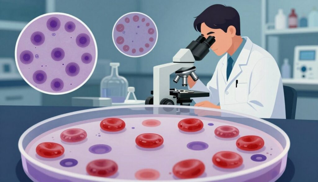 A detailed illustration of blood morphology in the context of lymphoma, showcasing various blood cells such as red blood cells, white blood cells, and platelets. In the foreground, prominently feature a microscope slide with stained blood samples, highlighting abnormal cell shapes and sizes. The middle layer should include an illustration of a hematologist in a lab coat, intently analyzing blood samples under a microscope, with a focused expression. Soft, clinical lighting enhances the serious atmosphere, casting gentle shadows that create depth. In the background, blurred laboratory equipment subtly emphasizes the medical environment, ensuring the scene is professional and educational. The overall mood should be serious and contemplative, reflecting the importance of key blood parameters in oncology.