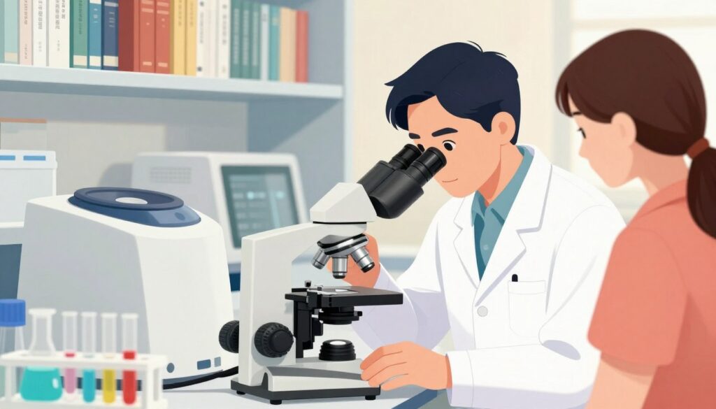 A detailed illustration of modern treatments for Hodgkin's lymphoma, featuring a medical professional in a white coat, examining a patient's blood sample in a laboratory setting. In the foreground, the doctor is focused on a microscope, highlighting their concentration and expertise. The middle ground showcases lab equipment like centrifuges and test tubes filled with colorful liquids, giving a sense of scientific rigor. In the background, shelves filled with medical textbooks and research papers convey an atmosphere of knowledge and discovery. Soft, warm lighting illuminates the scene, creating a hopeful and diligent mood that reflects patient care and innovative treatment methods. The composition should be well-balanced, emphasizing the seriousness of the topic while retaining an air of professionalism and compassion.
