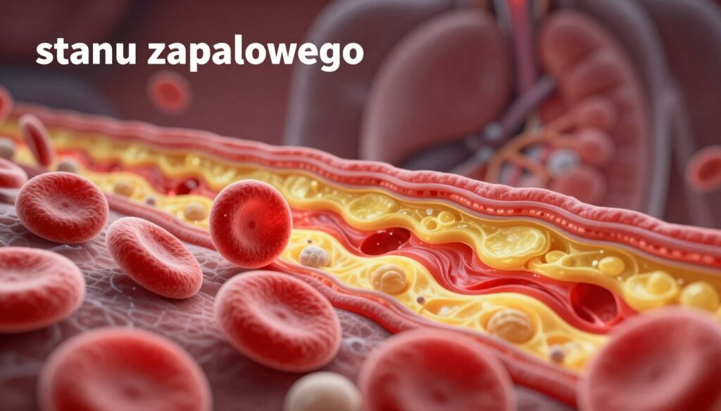 A detailed illustration of "stanu zapalnego" (inflammatory state), showcasing the interaction of immune cells and inflamed tissues. In the foreground, a close-up of red and white blood cells, highlighting their active response to inflammation. In the middle ground, inflamed tissues depicted with a vibrant color palette of reds and yellows, symbolizing heat and pain. In the background, a subtle blurred representation of human organs affected by chronic diseases, hinting at the broader context of inflammation. The lighting should be soft yet dramatic, creating a sense of urgency and importance. Use a macro lens perspective to emphasize the intricate details, evoking a mood of clinical seriousness and focus on health.