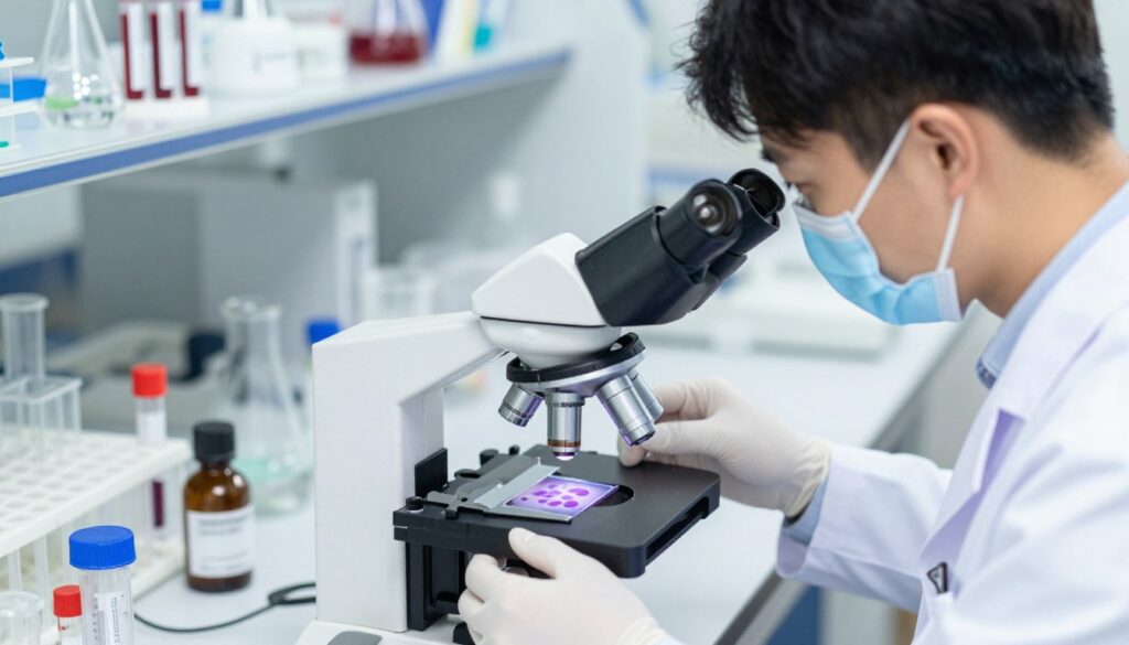 A detailed illustration of the causes of increased levels of immature granulocytes, featuring a close-up view of a laboratory scene. In the foreground, a scientist in a white lab coat meticulously examines a microscope slide displaying stained blood cells, emphasizing the distinctive morphology of immature granulocytes, with clear cellular details. In the middle ground, various scientific instruments and blood samples are arranged neatly, showcasing a clinical environment. The background reveals shelves filled with laboratory glassware and reference books, softly blurred to maintain focus on the scientist's work. The lighting is bright and clinical, emphasizing cleanliness and precision, creating a serious but hopeful atmosphere. The angle captures the intensity of the research, drawing viewers into the world of hematological study, inspiring interest and understanding of this critical health topic.