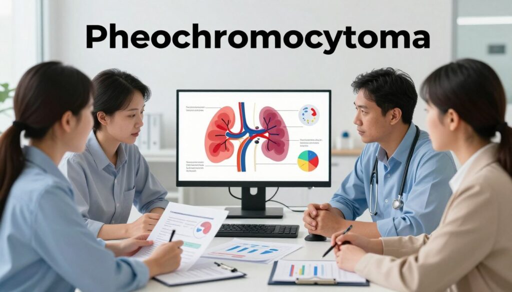 A detailed illustration of various triggers for pheochromocytoma attacks, focusing on factors that cause hypertension and discomfort. In the foreground, depict a diverse group of professionals—two men and two women—dressed in business attire, discussing health-related charts and graphs. In the middle ground, visualize a high-resolution monitor displaying colorful, detailed diagrams of adrenaline-producing adrenal glands and stress-related infographics. The background should feature a modern, bright medical office with soft lighting and neutral colors, emphasizing a clinical yet inviting atmosphere. The overall mood should convey urgency and professionalism, highlighting the importance of understanding these triggers in relation to health and well-being.