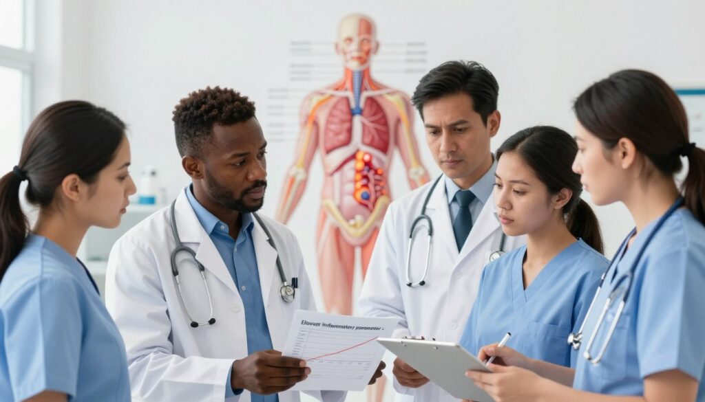 A detailed illustration representing the causes of elevated inflammatory parameters. In the foreground, a diverse group of health professionals, including a Black male doctor and a Hispanic female nurse, are discussing a chart showing rising levels of inflammatory markers. They are dressed in professional attire, analyzing the implications of the data. The middle background features anatomical illustrations of a human body highlighting areas where inflammation can occur, such as the lungs and joints. The background shows soft, blurred medical equipment and tools, creating a clinical atmosphere. The lighting is bright and even, emphasizing a sense of urgency and professionalism. The overall mood conveys investigation and concern, reflecting the complexities of inflammation in the body.