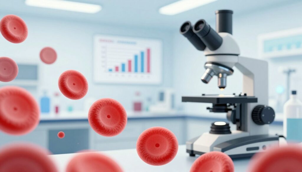 A detailed illustration showcasing the concept of elevated MCV (Mean Corpuscular Volume) in human blood, designed for a medical setting. In the foreground, a close-up view of red blood cells is depicted, with some cells appearing larger than normal, visually emphasizing the condition of elevated MCV. The middle ground includes a microscope, symbolizing scientific analysis, with charts and graphs hinting at blood test results in soft focus. The background features a laboratory environment with bright white lighting, highlighting a sense of professionalism and clarity. The overall mood is informative and clinical, with a calm blue and white color palette enhancing the atmosphere of a medical examination. Ensure there are no additional elements like text or watermarks.