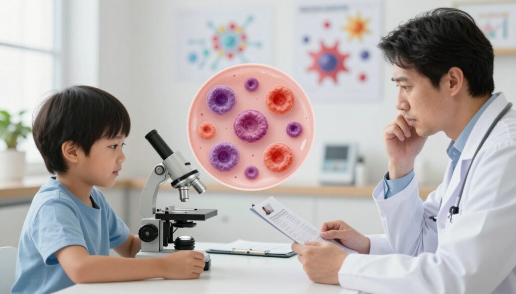 A detailed illustration showing the causes of lymphocytosis in both children and adults. In the foreground, visualize a split scene: on one side, depict a healthy child in a bright, cheerful environment, interacting with a doctor, showcasing a medical examination. On the other side, represent an adult in a clinical setting, discussing medical reports with a healthcare professional, conveying concern and understanding. The middle ground features anatomical representations such as lymphocytes under a microscope, emphasizing their increased numbers. In the background, include subtle medical imagery like charts or colorful, abstract cell structures to represent health and disease. Soft, natural lighting enhances the atmosphere, suggesting hope and awareness. Use a slightly blurred depth of field to focus attention on the professionals and their subjects, ensuring the overall mood is informative and professional.