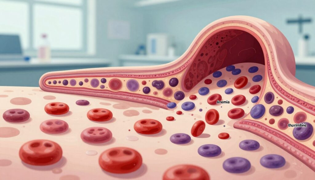 A detailed illustration showing the most common hematological disorders, prominently featuring a variety of blood cells and bone marrow architecture. In the foreground, depict healthy and abnormal blood cells like erythrocytes, leukocytes, and thrombocytes, clearly labeled for educational purposes but without text. The middle ground should display a cross-sectional view of bone marrow, highlighting the differences between healthy and diseased states, with visible cells indicative of conditions like leukemia and anemia. The background can feature a soft-focus medical laboratory setting, bathed in natural lighting to create a calm, informative atmosphere. Use a macro lens effect to capture intricate details, ensuring a clear and professionally composed image.