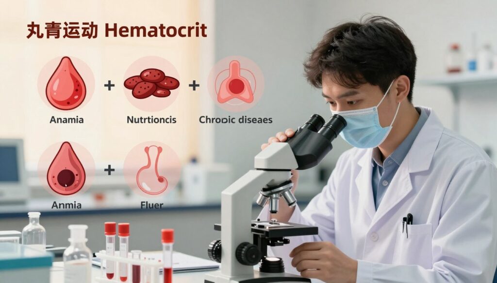 A detailed illustration showing the various causes of low hematocrit levels in blood tests. In the foreground, a doctor in professional attire examines a blood sample under a microscope, with a focused expression. In the middle ground, a visual representation of common causes such as anemia, nutritional deficiencies, chronic diseases, and blood loss is artistically integrated. Each cause is represented by symbolic imagery, like iron-rich foods for nutritional deficiencies and a faint outline of a hospital for chronic illnesses. The background features a laboratory setting with soft, warm lighting to create a welcoming atmosphere. The overall mood is informative and clinical, emphasizing the importance of understanding health conditions with clarity and professionalism.