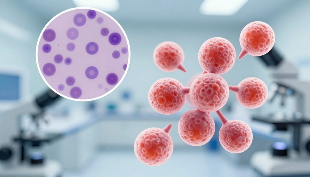 A detailed, illustrative representation of eosinophils, depicted with high magnification under a brightfield microscope. In the foreground, focus on a cluster of eosinophils, showcasing their unique bi-lobed nucleus and abundant, pink-orange granules indicative of their morphology. In the middle ground, exhibit a stained blood smear with a variety of blood cells, highlighting the contrasting colors and textures. The background should feature a subtle, blurred laboratory setting with scientific equipment, creating a sterile and professional atmosphere, illuminated by soft, diffused lighting to emphasize the details of the cells. The overall mood should be informative and clinical, inviting contemplation and study of eosinophil levels in a blood analysis context.