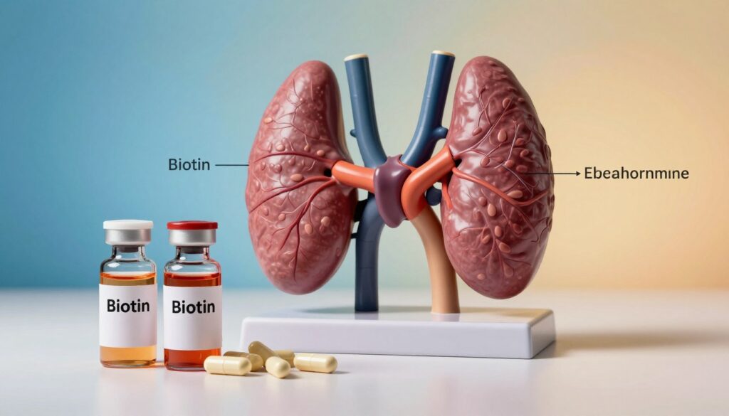 A detailed infographic illustrating the impact of biotin on thyroid hormone profiles, featuring a foreground of biotin supplements in vials with labels. In the middle ground, showcase a thyroid gland model, highlighting its anatomical features and connection to hormonal balances. In the background, depict a gradient color scheme transitioning from cool blues to warmer tones symbolizing hormonal changes. The lighting is soft and natural, casting gentle shadows to create depth, while a slightly elevated angle captures the interaction between the supplements and the thyroid model. The mood is educational and informative, ideally suited for an article on the effects of vitamin supplementation on thyroid function, devoid of any text or annotations.