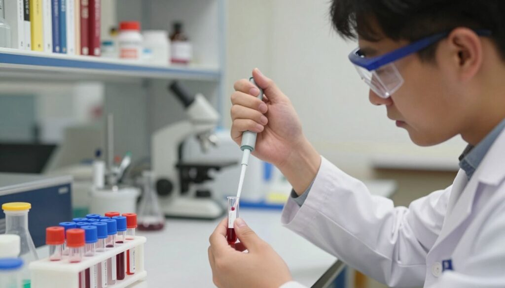 A detailed laboratory scene depicting the "Odczyn Biernackiego" test for chronic inflammation. In the foreground, a scientist in a white lab coat and safety glasses carefully observes a blood sample in a test tube, with a pipette in hand. In the middle ground, a well-organized laboratory bench is filled with colorful vials and laboratory equipment, showcasing the analytical process. The background reveals shelves filled with medical textbooks and additional laboratory instruments under soft, warm lighting. Use a close-up angle to emphasize the precision of the test, highlighting the blood sample's reaction, creating a calm and focused atmosphere that conveys professionalism and scientific inquiry. No text or identifying marks in the image. A detailed laboratory scene depicting the "Odczyn Biernackiego" test for chronic inflammation. In the foreground, a scientist in a white lab coat and safety glasses carefully observes a blood sample in a test tube, with a pipette in hand. In the middle ground, a well-organized laboratory bench is filled with colorful vials and laboratory equipment, showcasing the analytical process. The background reveals shelves filled with medical textbooks and additional laboratory instruments under soft, warm lighting. Use a close-up angle to emphasize the precision of the test, highlighting the blood sample's reaction, creating a calm and focused atmosphere that conveys professionalism and scientific inquiry. No text or identifying marks in the image.