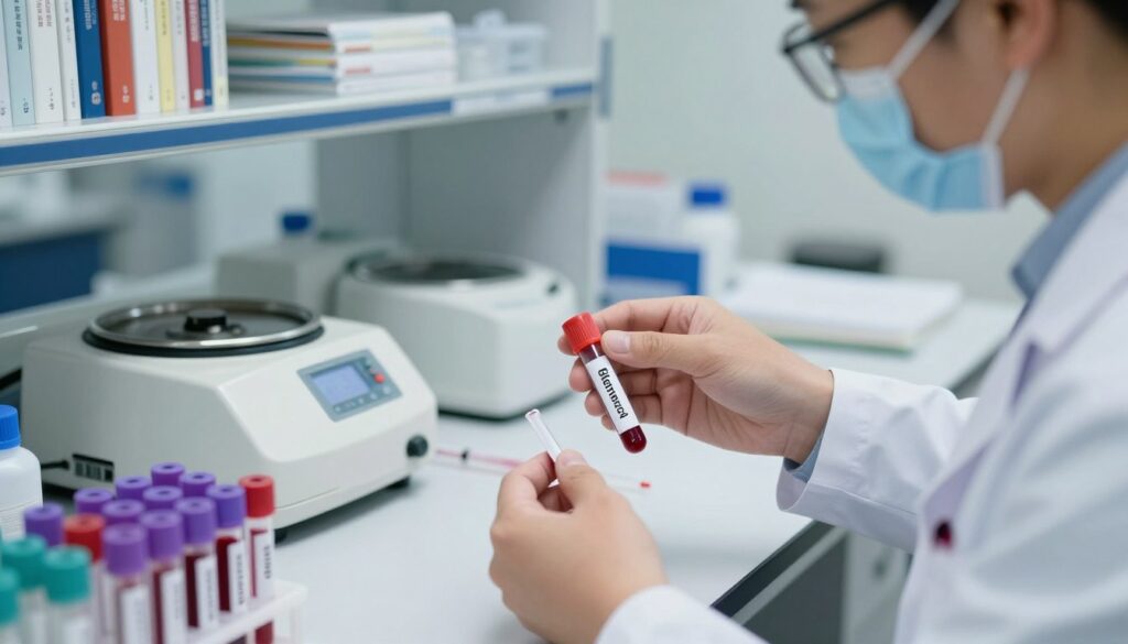A detailed laboratory setting showcasing a medical professional in a white coat, conducting blood tests for CRP and the Biernacki reaction. In the foreground, a close-up view of test tubes filled with blood samples labeled "CRP" and "Biernacki." The middle layer features an illuminated lab bench with medical instruments, such as a centrifuge and pipettes, indicating a clinical research environment. In the background, blurred shelves filled with medical textbooks and reference materials about inflammation markers add depth. The lighting is bright, focused on the lab bench, evoking a sense of cleanliness and precision. The mood is professional and focused, capturing the importance of these tests in assessing health.