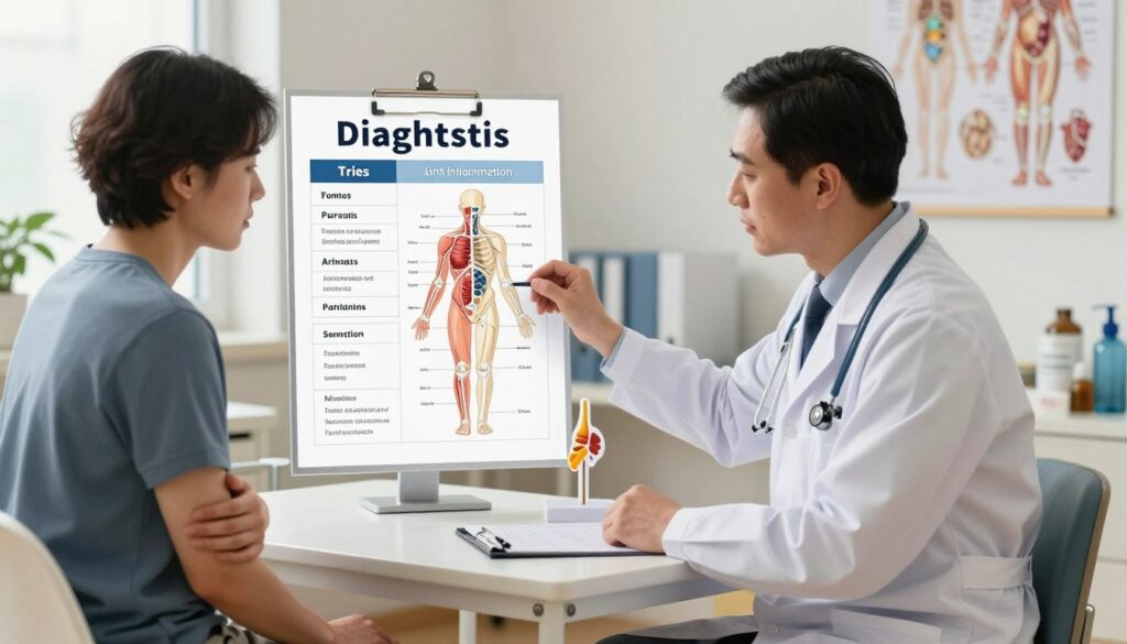 A detailed medical illustration depicting the criteria for diagnosing arthritis in a clinical setting. In the foreground, a physician, dressed in professional attire, examines a patient seated on an examination table, who exhibits visible signs of discomfort. The middle ground features a chart displaying key diagnostic criteria, such as joint inflammation and pain regions, while anatomical models of joints are subtly placed beside them. The background showcases a well-lit, organized medical office with anatomical posters and orthopedic tools. The atmosphere is serious and informative, with warm lighting to create a sense of professionalism and care. The image should convey focus and clarity, illustrating the practical aspects of diagnosing rheumatic diseases.