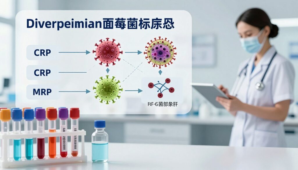 A detailed medical illustration depicting the differentiation of viral and bacterial infections through various markers. In the foreground, a set of colorful laboratory test tubes and medical vials filled with distinct liquid colors represent different infection markers. In the middle ground, a summary chart showcasing markers like CRP and other indicators, with lines linking them to their corresponding infection types. The background includes a softly blurred depiction of a hospital or clinic setting, with a nurse in professional business attire analyzing results on a digital tablet. The lighting is bright and clinical, emphasizing cleanliness and precision, while the overall mood is informative and analytical, suitable for a medical article. A detailed medical illustration depicting the differentiation of viral and bacterial infections through various markers. In the foreground, a set of colorful laboratory test tubes and medical vials filled with distinct liquid colors represent different infection markers. In the middle ground, a summary chart showcasing markers like CRP and other indicators, with lines linking them to their corresponding infection types. The background includes a softly blurred depiction of a hospital or clinic setting, with a nurse in professional business attire analyzing results on a digital tablet. The lighting is bright and clinical, emphasizing cleanliness and precision, while the overall mood is informative and analytical, suitable for a medical article.