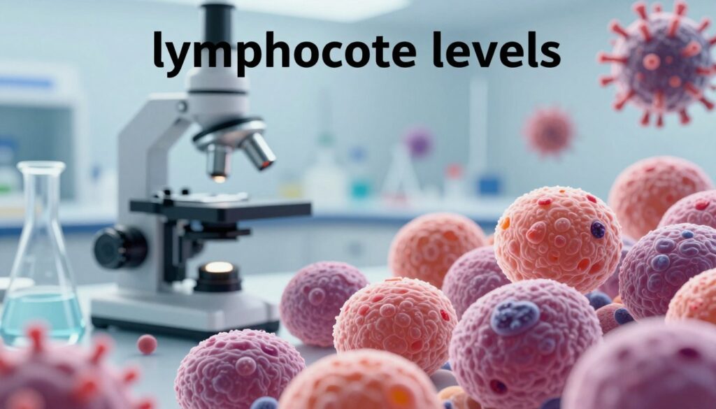A detailed medical illustration of "lymphocyte levels" in the context of viral and bacterial infections. In the foreground, depict a close-up of vibrant, detailed lymphocytes under a microscope, showcasing their distinct shapes and subtle colors. In the middle, illustrate a laboratory setting with glassware and scientific instruments, hinting at ongoing research. The background should include blurred images of viral particles and bacteria, represented abstractly to suggest infection. Use soft, focused lighting to create a professional and clinical atmosphere, ensuring clarity and precision in the details. Opt for a slight depth of field to emphasize the lymphocytes while maintaining a clean and organized layout that evokes a sense of scientific inquiry.