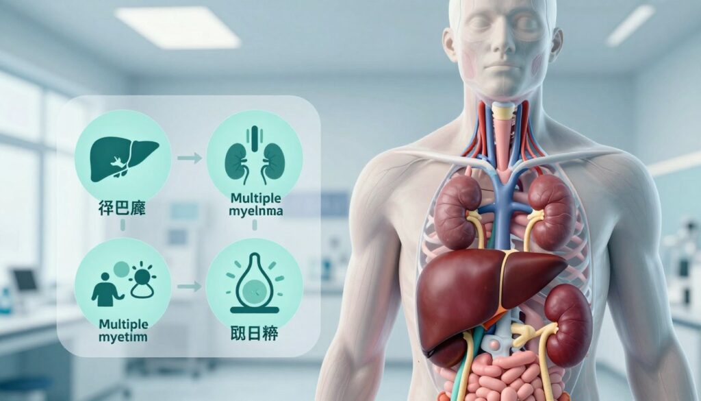 A detailed medical illustration showcasing the common causes of high protein levels in the blood. In the foreground, an anatomical representation of the human body highlighting the liver, kidneys, and immune system, all depicted in a clear, vibrant style. In the middle ground, visually represented causes such as liver disease, multiple myeloma, infections, and dehydration, illustrated as infographic-style icons or symbols. The background features a neutral, clinical setting, perhaps a hospital lab with soft lighting to create a professional atmosphere. The image should utilize a wide-angle view, maintaining a focus on clarity and educational value, with a balanced color scheme of blues and greens to evoke a sense of calm and trust. No text or slogans, only visuals that communicate the topic effectively.