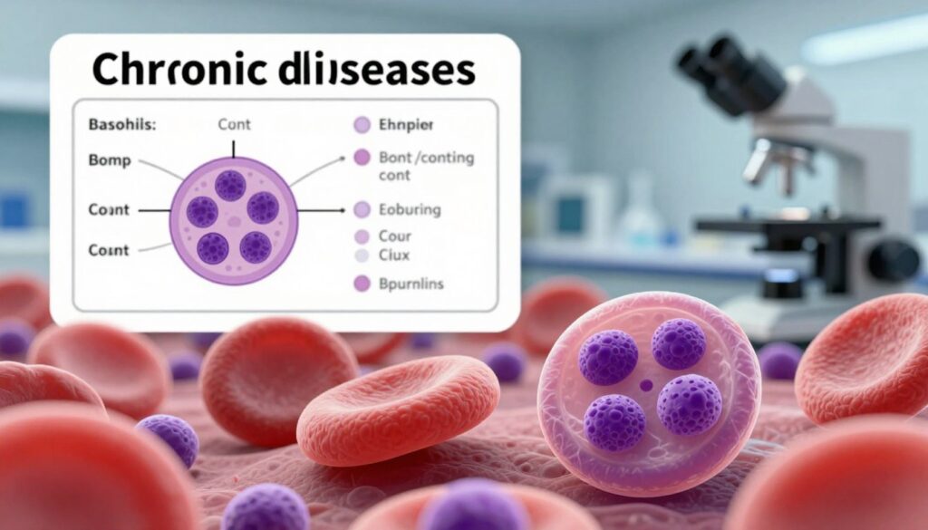 A detailed medical illustration showcasing the significance of basophils in diagnosing chronic diseases. In the foreground, focus on a magnified view of blood cells, highlighting basophils with their distinct purple granules, amidst a backdrop of red blood cells. The middle layer features a clear, detailed schematic of a blood test report, emphasizing basophil count with annotated findings. The background should include a subtle, softly blurred laboratory setting, with scientific equipment and an illuminated microscope. Use soft, natural lighting to create a professional and informative atmosphere, while ensuring a clean, clinical feel. The overall mood should be educational and focused, ideal for a medical context, conveying the critical role basophils play in health diagnostics.