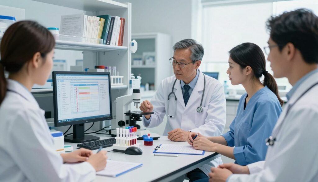 A detailed medical laboratory scene focusing on the diagnosis of inflammatory conditions. In the foreground, a diverse group of healthcare professionals, dressed in professional business attire, collaborates over a digital health monitor displaying high-sensitivity CRP levels. In the middle ground, a lab table is filled with advanced diagnostic tools, including test tubes, pipettes, and a blood sample analyzer, all vividly illuminated by soft, natural lighting. The background features a modern lab with shelves filled with medical books and research papers, conveying a sense of innovation and expertise. The atmosphere is one of professionalism and attention to detail, emphasizing the importance of accurate diagnostics in assessing cardiovascular risk. The image should soak in a clean, sterile aesthetic, promoting trust in medical science.