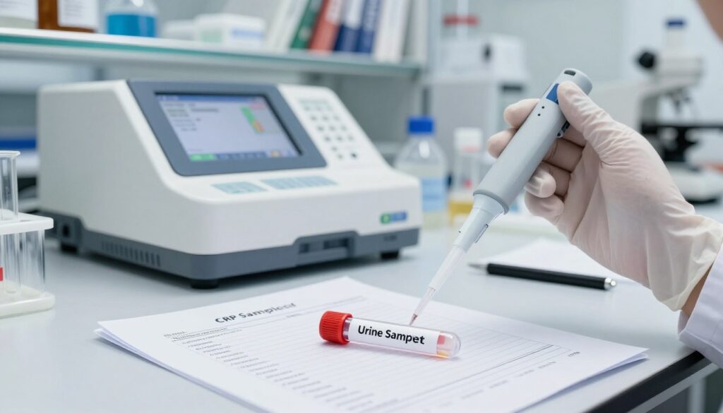A detailed medical laboratory setting featuring a close-up view of a CRP test result sheet placed on a clean, organized desk. In the foreground, a gloved hand holds a pipette, ready to extract a sample from a test tube labelled "Urine Sample". The middle layer shows a modern analytical device, such as a spectrophotometer, displaying results, with beakers and reagents subtly visible. In the background, a well-lit lab environment with shelves filled with medical textbooks and reference materials. The lighting is bright and sterile, emphasizing professionalism and clarity in the interpretation of results. The atmosphere conveys a sense of scientific rigor and accuracy, ideal for a medical article on CRP levels.