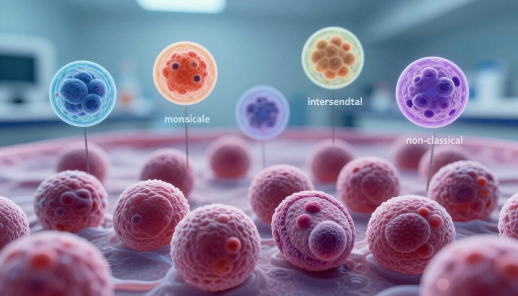 A detailed scientific illustration depicting elevated blood monocytes, showcasing various types of monocytes like classical, intermediate, and non-classical, rendered in a highly magnified view. In the foreground, a cluster of prominently enlarged monocyte cells with distinct features such as a kidney-shaped nucleus and abundant cytoplasm, set against a visually engaging backdrop of blood plasma. The middle ground features labeled cell structures, highlighted with soft, diffused lighting that enhances their textures, allowing for a clear observation of the cells’ characteristics. The background shows a blurred representation of a laboratory environment, hinting at a clinical setting, evoking a mood of professionalism and scientific inquiry. Utilize a macro lens perspective to ensure the cells are the focal point, with a crisp focus and vibrant colors to draw attention to the critical details of elevated monocyte levels in blood analysis.