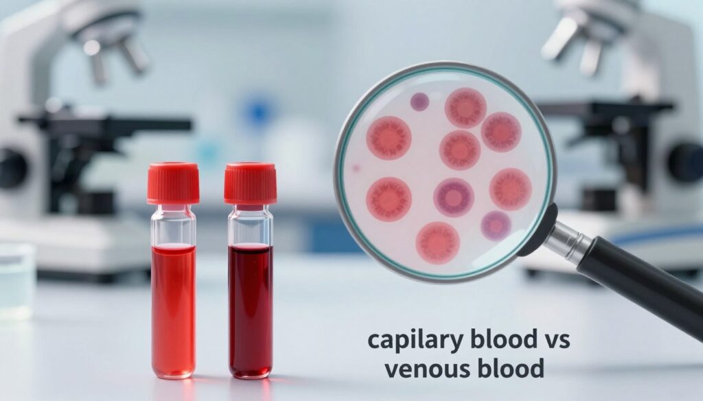 A detailed scientific illustration of "capillary blood vs venous blood". In the foreground, depict two small vials side by side: one containing bright red capillary blood and the other a darker shade of venous blood, labeled subtly for clarity. In the middle, include a magnifying glass effect showing the blood cells in both types, with distinct differences emphasized. The background features a clean, professional laboratory setting with soft, diffused lighting, highlighting the vials and magnifying glass. Use a shallow depth of field to focus on the vials and cells, while softly blurring the laboratory equipment in the background. The overall mood conveys professionalism and clarity, suitable for educational purposes.