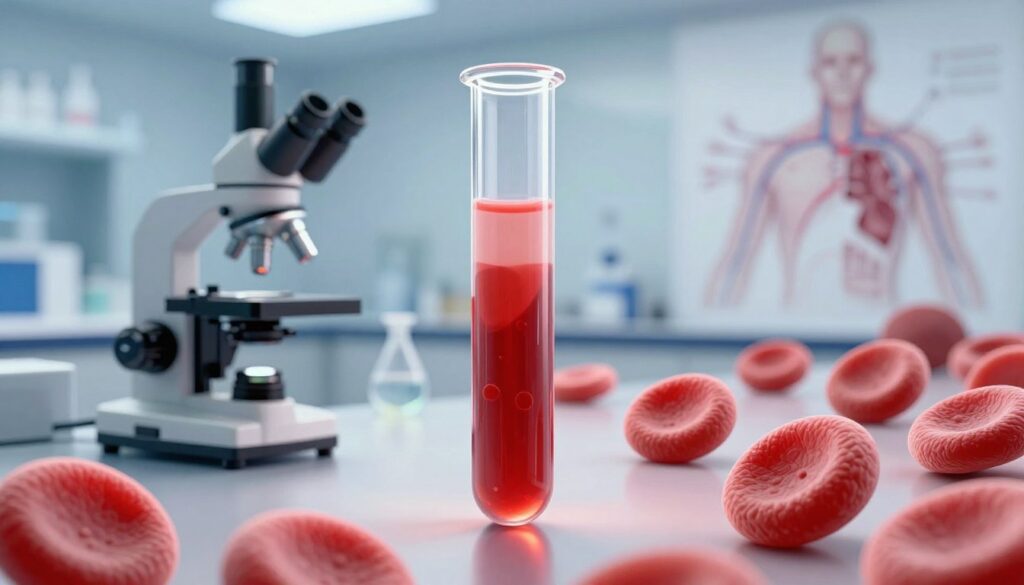 A detailed scientific illustration of red blood cell sedimentation, emphasizing the process of "opadania krwinek czerwonych." In the foreground, a transparent test tube filled with a blood sample shows the distinct layers formed after sedimentation, with red blood cells settling at the bottom. In the middle, an illustration of a laboratory environment featuring a microscope and various medical instruments, radiating professionalism and neutrality. In the background, a faint diagram of the human circulatory system to add context without distracting from the main subject. The lighting is bright and clinical, highlighting the test tube and creating reflective effects. The atmosphere is analytical and educational, suitable for a scientific article. No text or watermarks present. A detailed scientific illustration of red blood cell sedimentation, emphasizing the process of "opadania krwinek czerwonych." In the foreground, a transparent test tube filled with a blood sample shows the distinct layers formed after sedimentation, with red blood cells settling at the bottom. In the middle, an illustration of a laboratory environment featuring a microscope and various medical instruments, radiating professionalism and neutrality. In the background, a faint diagram of the human circulatory system to add context without distracting from the main subject. The lighting is bright and clinical, highlighting the test tube and creating reflective effects. The atmosphere is analytical and educational, suitable for a scientific article. No text or watermarks present.