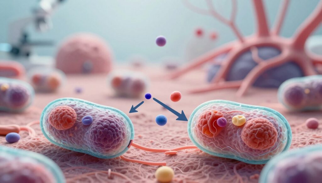 A detailed scientific illustration of the mechanisms of basophils in allergic reactions. In the foreground, a vibrant depiction of basophil cells with their distinct granules and nucleus, showcasing their detailed morphology under a microscope. In the middle ground, a dynamic visual of the immune response, with arrows illustrating the release of histamines and other mediators into the bloodstream. The background should feature a soft-focus of an abstract immune system landscape, hinting at the complexity of cellular interactions. The lighting is bright and clinical, simulating a laboratory setting, with an emphasis on clarity and detail. The atmosphere should convey a sense of scientific discovery and urgency. No captions or text overlays.